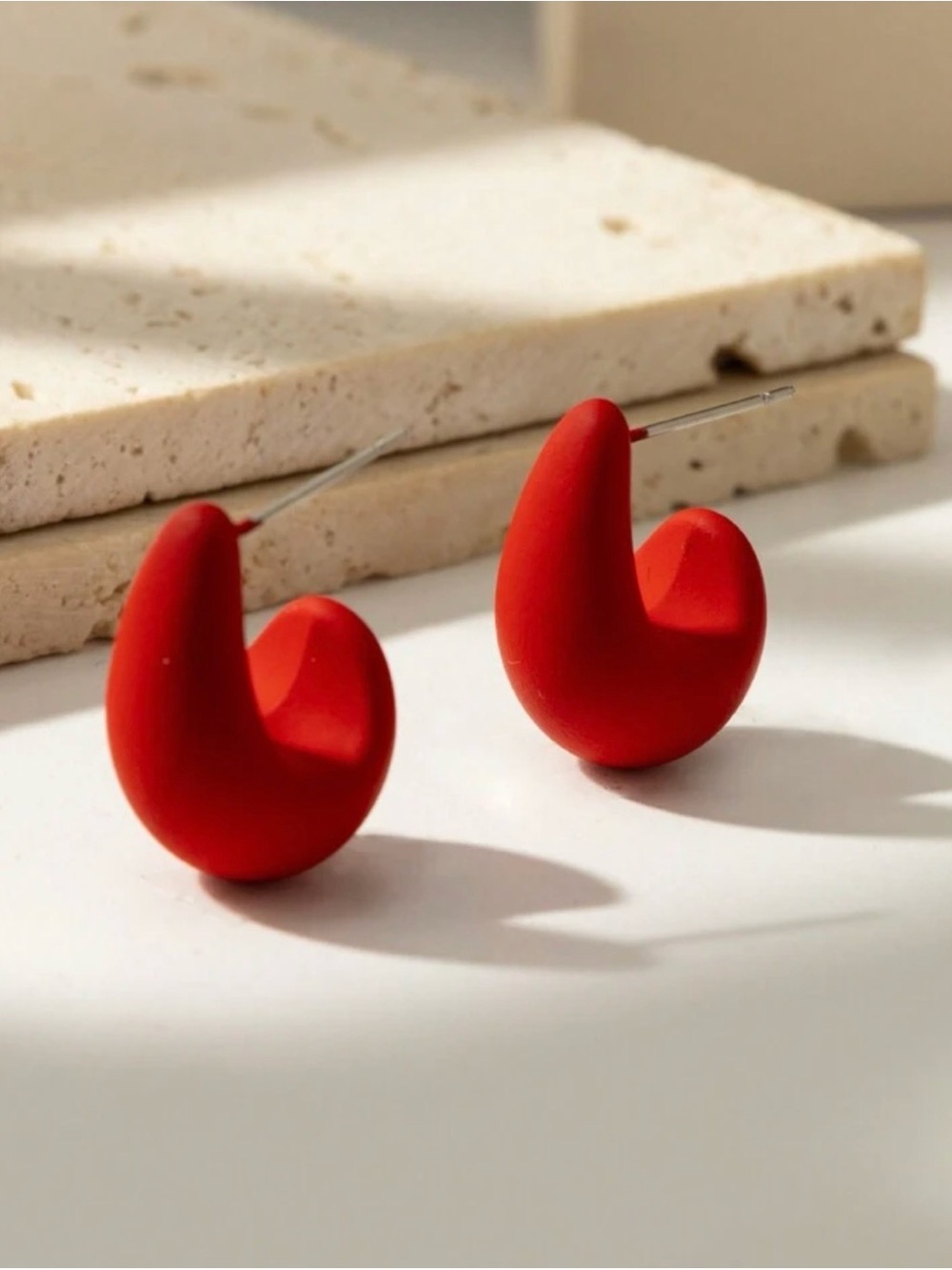 Modern Red Sculptural Hoop Stud Earrings